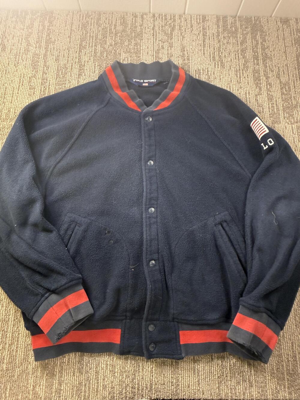 Vintage Polo Sport Ralph Lauren Jacket Mens Large Blue Fleece USA Flag Varsity